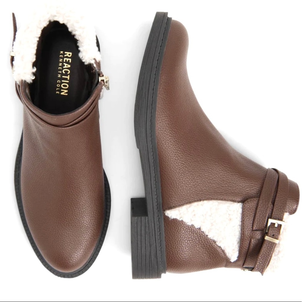 Kenneth Cole Reaction Wind Lug Buckle Cozy Bootie Brown With Faux Fur Size 6.5 - Picture 2 of 6